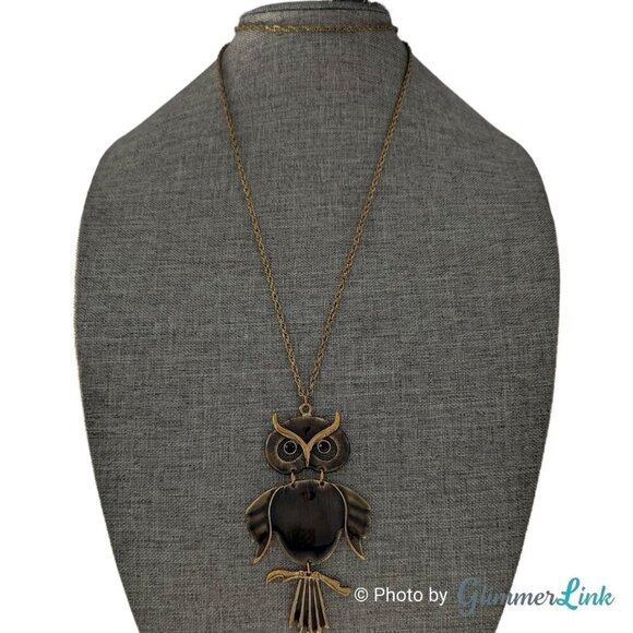 Articulated Enameled Owl Long Antiqued Gold Tone Chain Necklace - Picture 3 of 14